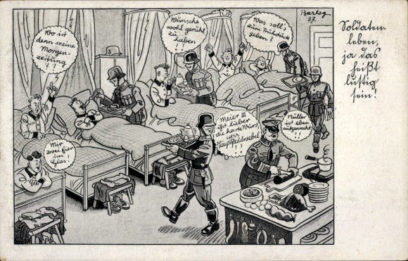 Artist Postcard Barlog, Soldier's life means being funny, Wehrmacht, officer, dormitory, II. WW