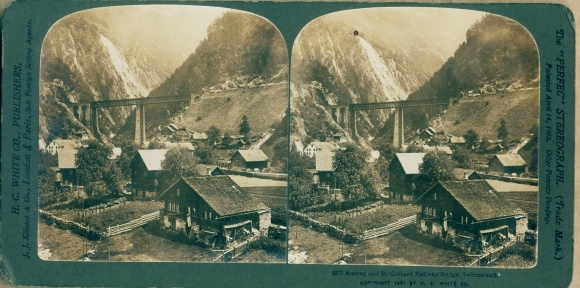 Stereo photo Amsteg Silenen Kt. Uri, St. Gotthard railway bridge, town view