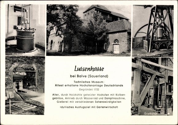 Postcard Wocklum Balve in Sauerland, Technical Museum Luisenhütte, piston blower, blast furnace tapping