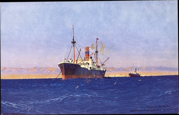 Kunstenaar Postkaart Schmidt, R., OPDR, stoomboot voor anker, van boord