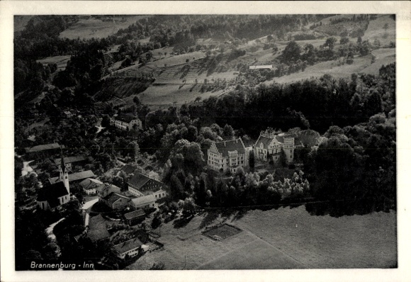 Postcard Brannenburg in Upper Bavaria, aerial view of surrounding landscape, buildings
