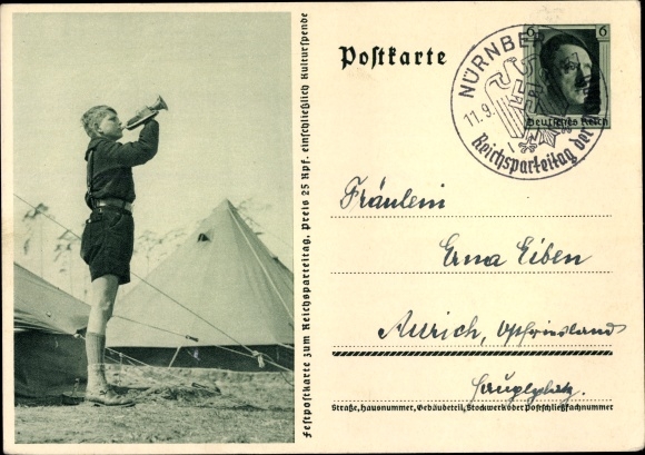 Postal stationery PC HJ Pimpf blows the roll call, tent camp, Nazi party rally 1937