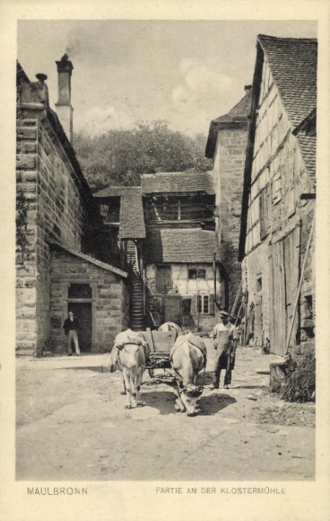 Postcard Maulbronn in the Enzkreis Baden Württemberg, monastery mill, cattle cart