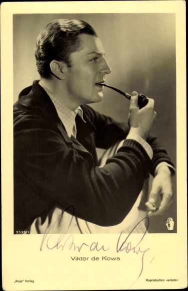 Ak Schauspieler Viktor de Kowa, Portrait im Profil, Pfeife, Autogramm