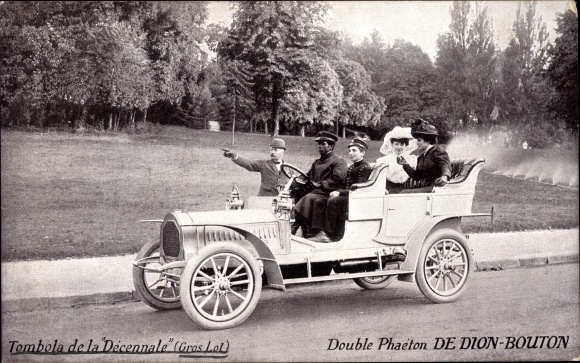 Postcard Tombola de la Decennale, Double Phaeton de Dion Bouton, Car, Driver