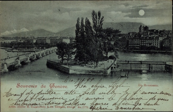 Ak Genf Stadt Schweiz, Souvenir de Genève, Ile Rousseau, Wasser, Bäume, Stadtansicht