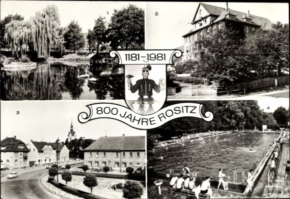 Wapen Ak Rositz in Altenburger Land, 800ste verjaardag in 1981, Gormaer Teich, nieuwe school, buitenzwembad