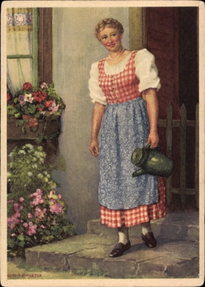 Artist Postcard Schuster, Karl, Indanthren advertising, woman in work apron