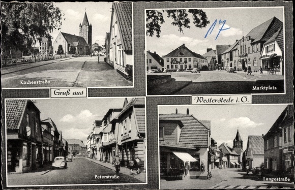 Postcard Westerstede in Oldenburg Ammerland, Kirchenstrasse, Marktplatz, Peterstrasse, Langestrasse