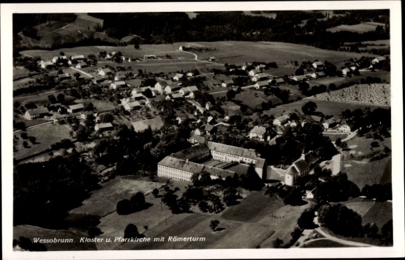 Postcard Wessobrunn in Upper Bavaria, aerial view of monastery, parish church, Roman tower