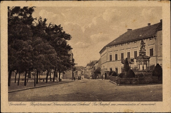 Postcard Germersheim am Rhein, main street, commandant's office, monument