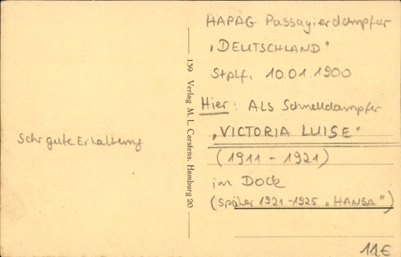 Postcard Hamburg, pleasure yacht Victoria Luise in the dock, HAPAG