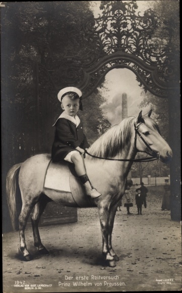 Postcard Prince Wilhelm of Prussia, the first attempt at riding, portrait, horse, Liersch 1942