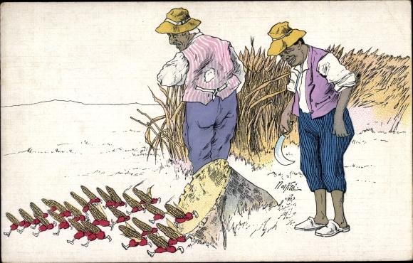 Postcard peasants and fleeing corn cobs, sickle, straw