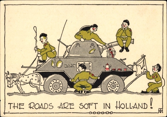 Postcard The Roads are soft in Holland, Canadian soldiers, tanks, liberation of the Netherlands, WWII