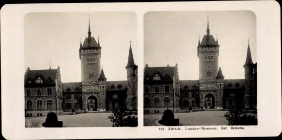 Stereo photo Zurich city Switzerland, State Museum, courtyard, east side