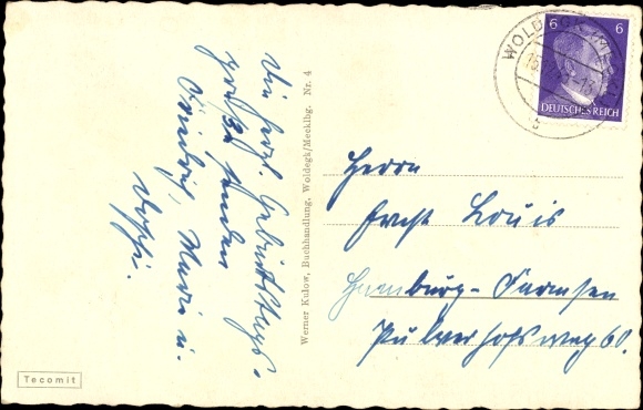 Postcard Woldegk in Mecklenburg, market with town hall, drugstore, bus