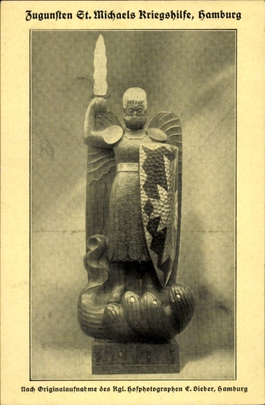 Postcard St. Michael's War Relief Hamburg, May you be dedicated to a peaceful future, monument to the iron age