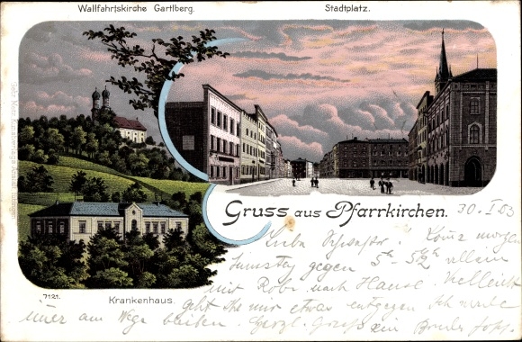 Chromo-Litho parish churches in the Rottal Lower Bavaria, town square, Gartlberg pilgrimage church, hospital