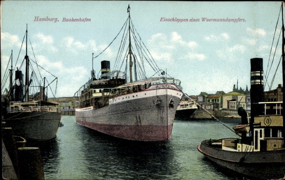 PC Hamburg, in the Baakenhafen, towing in a Woermann steamer