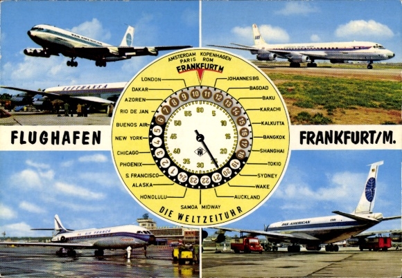 Ak Flughafen Frankfurt am Main, Passagierflugzeuge Air France, Pan American, Weltzeituhr