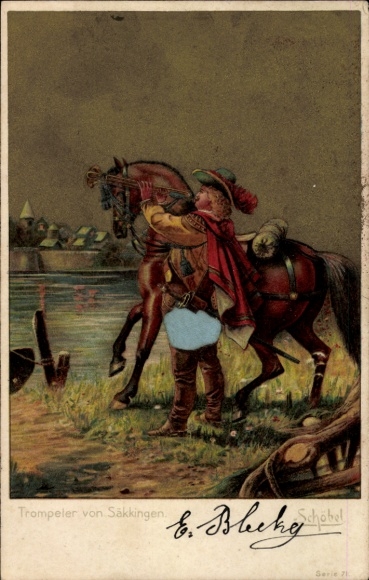 Fabric embossing artist Postcard Schöbel, trumpeter from Säckingen