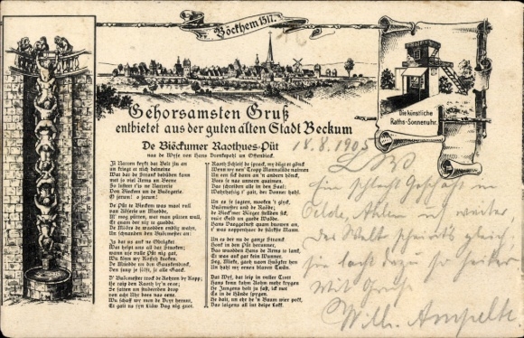 Ak Beckum in Westfalen, Historische Darstellung der Stadt  dekorative Sonnenuhr, alte Architektur