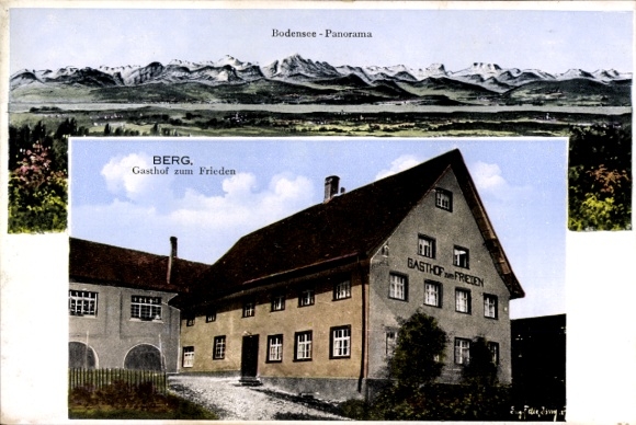 Artist Postcard Felle, Eugen, Berg Ailingen Friedrichshafen on Lake Constance, Gasthof zum Frieden, Panorama