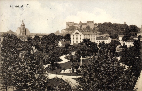 Ak Pirna an der Elbe,  mit Landschaft,  Bäume, Gebäude, Burg