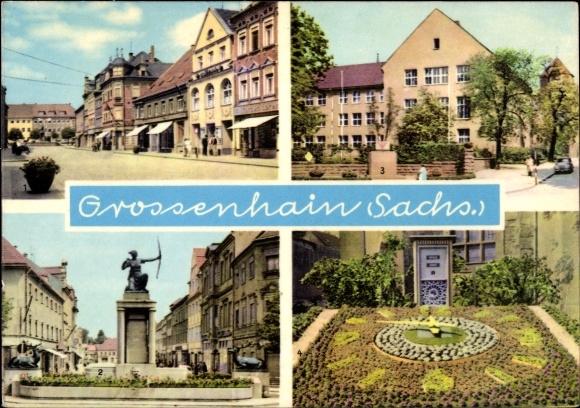 Postcard Grossenhain in Saxony, flower clock, women&#39;s market, Diana fountain, VVN memorial