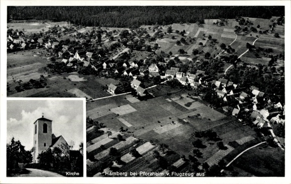 Ak Hamberg Neuhausen im Enzkreis Baden Württemberg, Luftaufnahme von Hamberg, Kirche, ländliche U