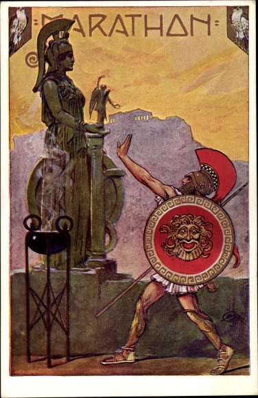 Artist Postcard Praha Prague, Slet Vsesokolski 1912, Marathon, statue of Athena