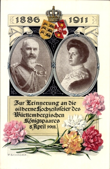 Artist Postcard Schnorr, King Wilhelm II of Württemberg, Queen Charlotte, Silver Wedding 1911, Coat of Arms