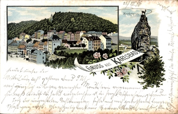 Chromo-Litho Karlovy Vary Karlsbad town, panorama, Deer Leap