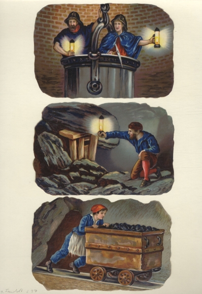 3 Oblaten Bergbau, Bergleute, je ca. 9 x 13,5 cm