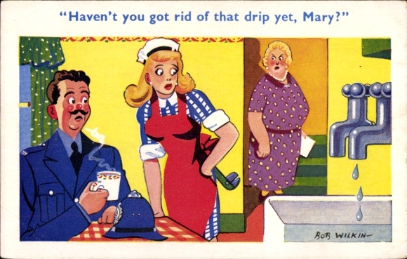 Artist Postcard Wilkin, Bob, woman as plumber, dripping faucet, emancipation