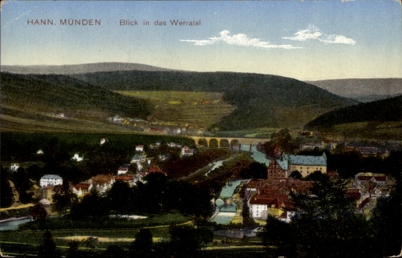 Hann. Münden in Lower Saxony, view of the Werra Valley, picturesque landscape, river, bridge,...