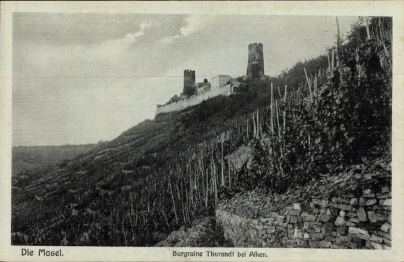 Postcard Alken on the Moselle, The Moselle, Thurandt Castle Ruins, Vineyards, Ruins