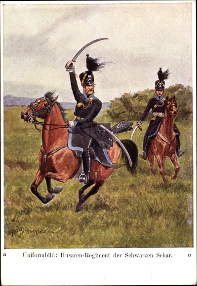 Kunstenaar Ak Beyer-Pegau, uniformfoto, Huzarenregiment van de Zwarte Squad