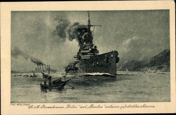 Artist Postcard Stöwer, Willy, German warship, armored cruiser, SMS Goeben, SMS Breslau, Messina