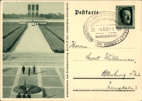 Postal stationery Postcard Nuremberg, Reich Party Rally, Hitler, Himmler, Lutze