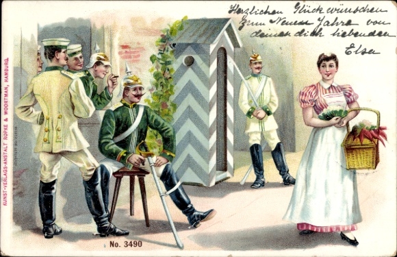 Artist Postcard Soldiers look after a woman, maid