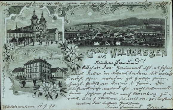 Moonlight Chromo-Litho Waldsassen in der Oberpfalz, church, house Rockstroh, view of the place