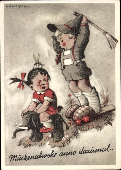 Postcard mosquito repellent in the olden days, advertising, Bonomol skin protection oil