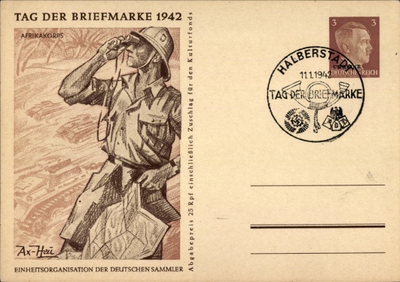 Postal stationery artist PC Axster Heudtlaß, Afrikakorps, Stamp Day 1942