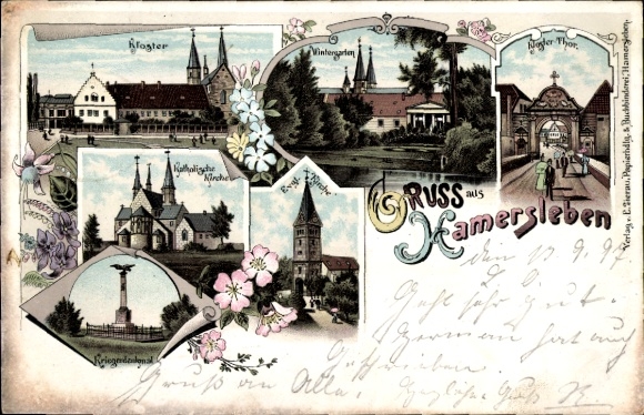 Chromo-Litho Hamersleben in der Börde, monastery, winter garden, monastery gate, Catholic church, Ev. Church