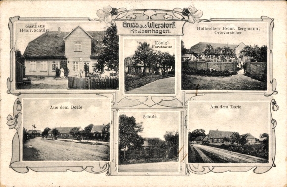 Postcard Wierstorf Obernholz Lüneburg Heath, school, royal forester's lodge, inn