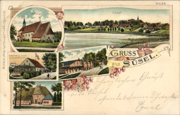 Chromo-Litho Süsel in Ostholstein, church, inn by the lake, view of the town