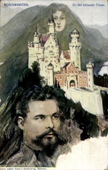 Kunstenaarskaart Hass, Fritz, Neuschwanstein, bergwand, koning Lodewijk II van Beieren, Killinger 195