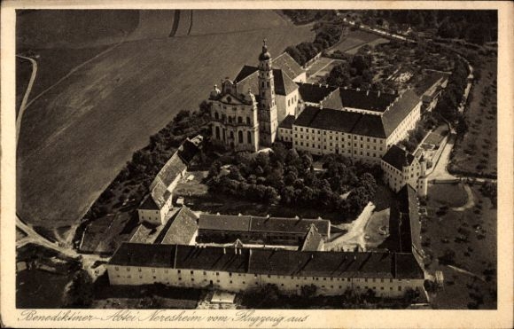 Postcard Neresheim in Württemberg, Benedictine Abbey aerial view, landscape, architecture